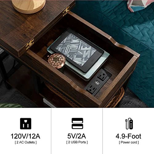 Hadulcet Side Table With Charging Station, Narrow Sofa End Table With Storage Shelf & Adjustable Stand Rustic Brown - Image 3