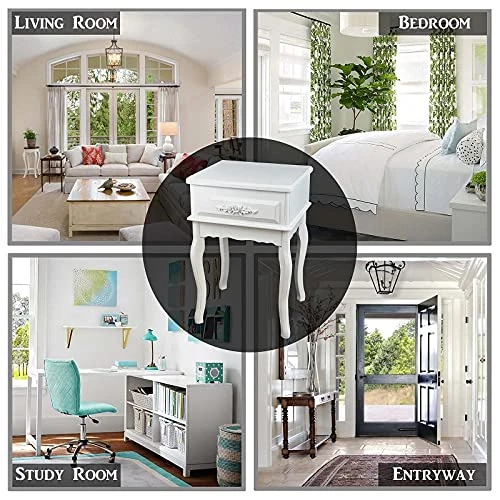 Westcharm White Vintage Nightstand | Queen Anne End Table | Wood Antique Shabby Chic Side Table | Small Wooden Victorian Bedside Table | Accent Table For Kids Room With One Drawer And Curved Legs