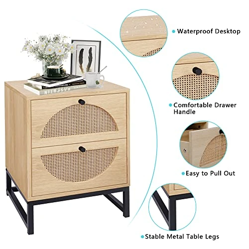 AWQM Rattan Nightstand Set Of 2,Farmhouse End Table Set Of 2,Wood Sofa Side Table,Accent Table With Storage, Bedside Table Accent Storage Cabinet For Bedroom Living Room,Metal Legs,Beige - Image 5