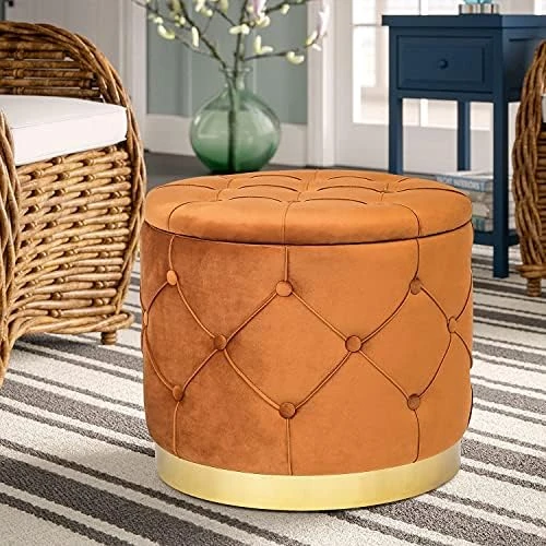 Homebeez 18.9" Round Velvet Storage Ottoman, Pre-Assembled Multi-Function Storage Vanity Stool, Button Tufted Accent Coffee Table With Golden Plate Base,Pink - Image 7