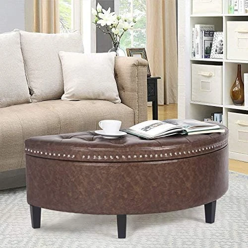 Homebeez 43.5" Half Moon Storage Ottoman Bench, Lift Top Faux Leather Storage Ottoman Bench For Bedroom Living Room (Light Brown) - Image 11