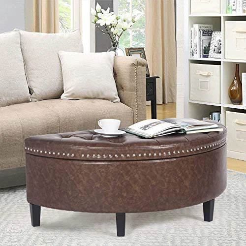 Homebeez 43.5" Half Moon Storage Ottoman Bench, Lift Top Faux Leather Storage Ottoman Bench For Bedroom Living Room (Light Brown)