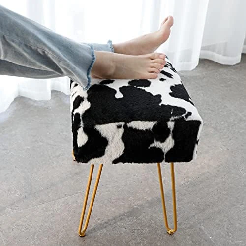 SCRIPTRACT Modern Mink Square Footstool Ottoman Bench Flower Pattern Furry Faux Fur Vanity Stool Chair With Golden Metal Leg For Vanity Entryway Bathroom Living Room Bedroom (Black Rose) - Image 9