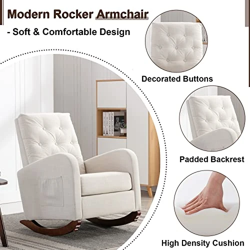 Modern Accent Rocking Chair, Upholstered Nursery Glider Rocker For Baby And Kids, Comfy Armchair With Side Pocket, Living Room Lounge Arm Chair, High Backrest With Decorative Buttons, Off White - Image 4