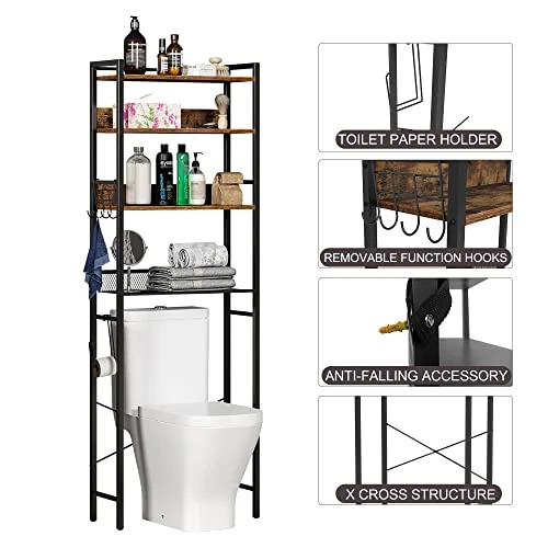 HOME BI Over The Toilet Storage Shelf ,Bathroom Organizer Over The Toilet Storage 4-Tier ,Wooden Freestanding Toilet Shelf For Space Storage Toilet With Hooks(Rustic Brown) - Image 2