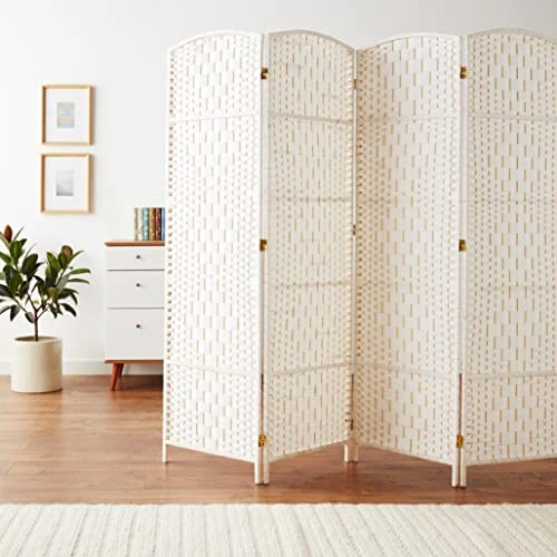 Oriental Furniture 6 Ft. Tall Diamond Weave Fiber Room Divider - White - 4 Panel - Image 5