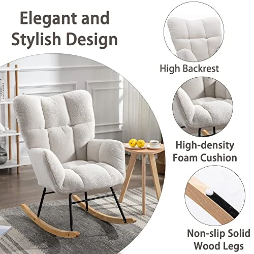 Krinana Teddy Fabric Nursery Rocking Chair, Rocker Armchair With Solid Wood Legs, Glider Chair Nursery With High Backrest For Living Room Apartment (Teddy Fabric, Ivory White) - Image 6