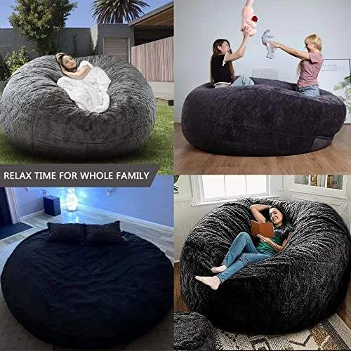 NINIANG Round Bean Bag Chair Cover Only (no Filler), Soft Velvet Large Bean Bag Couch With Sturdy Zipper Floor Couch Living Room Furniture, Dark Grey 6FT (150*75cm) - Image 6