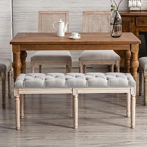 Chairus Fabric Upholstered Entryway Ottoman Bench - Classic Bedroom Bench With Rustic Wood Legs - Beige - Image 11