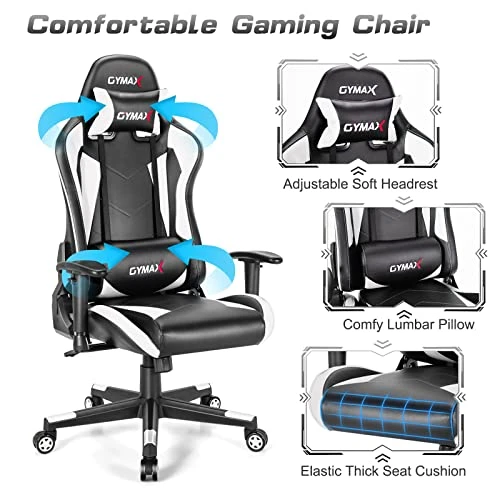 GYMAX Computer Gaming Chair, Racing Style Office Chair With Adjustable Lumbar Support Headrest, 360° Swivel, Height Adjustable Ergonomic Reclining Gaming Chair For Home Office Leisure Room (White) - Image 4