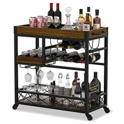 Ohsuaniy Bar Cart Industrial Kitchen Serving Carts For Home 3 Tier Storage Trolley With Wine Rack Glasses Holder Two Portable Trays Universal Casters With Brakes Rustic Rolling Cart Alcoholic Beverage