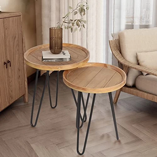 Oakrain Nesting Tables For Living Room, Round Nesting Coffee Table, Farmhouse End Tables Living Room Set Of 2, Wood Side Tables Set Of 2 For Sofa, Bedroom, Balcony - Image 4