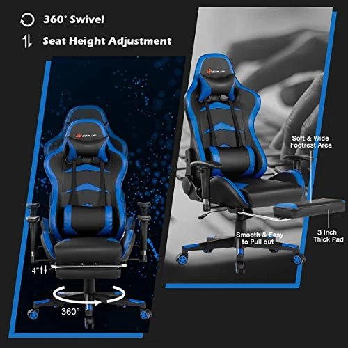 Goplus Massage Gaming Chair, Reclining Backrest, Handrails And Seat Height Adjustment Racing Computer Office Chair, High Back Ergonomic PU Leather Swivel PC Game Chair With Footrest - Image 3