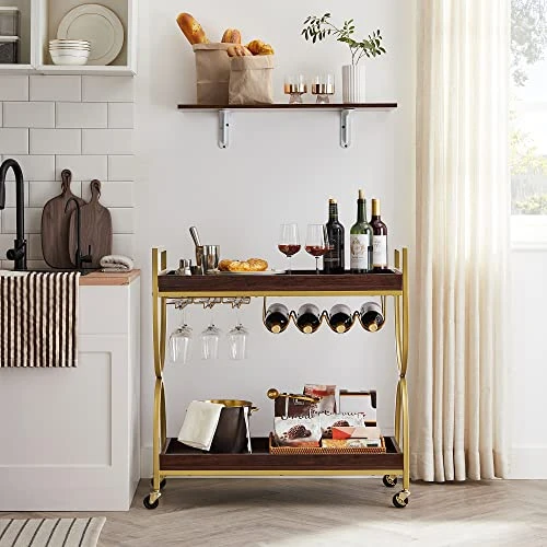 VASAGLE Bar Cart Gold, Home Bar Serving Cart, Kitchen Serving Cart With Wine Holders, Glass Holders, Wine Cart, Gold And Cherrywood Color ULRC089A24 - Image 5