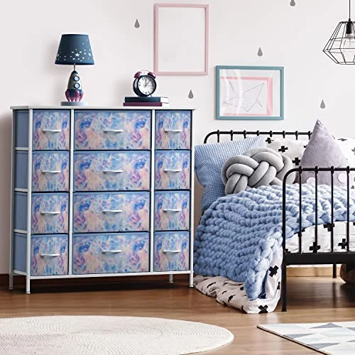 Kids Dresser With 12 Drawers - Chest Organizer Unit With Steel Frame Wood Top & Handle, Fabric Bins For Clothes - Large Furniture For Bedroom Hallway Kids Room Nursery & Closet (Blue - Tie-dye) - Image 2