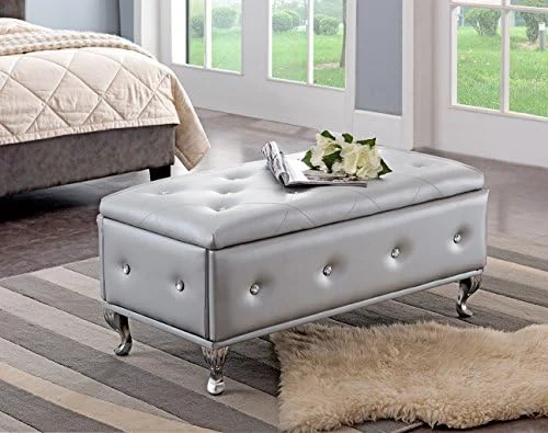 Kings Brand Furniture Blue Velvet Tufted Design Upholstered Storage Bench Ottoman - Image 8