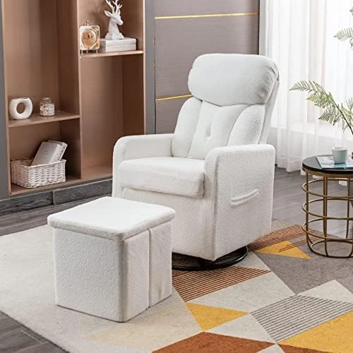 Taiweny Swivel Rocking Chair With Storage Ottoman, Teddy Fabric Upholstered Glider Rocker Sherpa Boucle Armchair And Folding Foot Stool For Nursery, Bedroom, Living Room (White) - Image 6