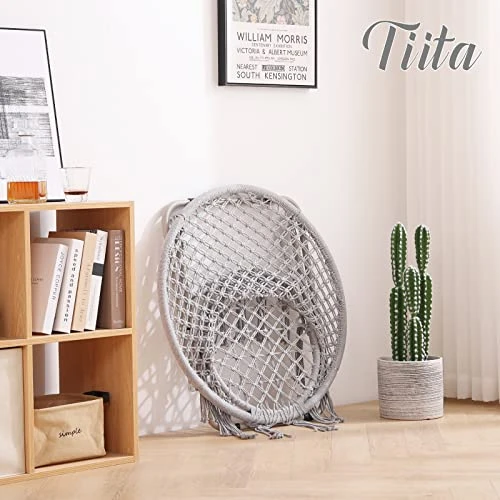 Tiita Saucer Chair, Round Cozy Chairs With Folding Metal Frame, Handmade Knitted Mesh, Comfy Moon Chair For Bedroom, Living Room Dorm Rooms, Garden And Courtyard - Image 4