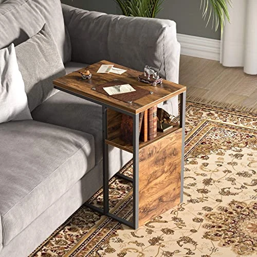Cubiker End Table, C Shaped Reversible Side Table With Wooden Shelf, Snack Side Table For Living Room, End Table For Sofa Couch And Bed, Metal Frame Nightstand Deep Brown - Image 6