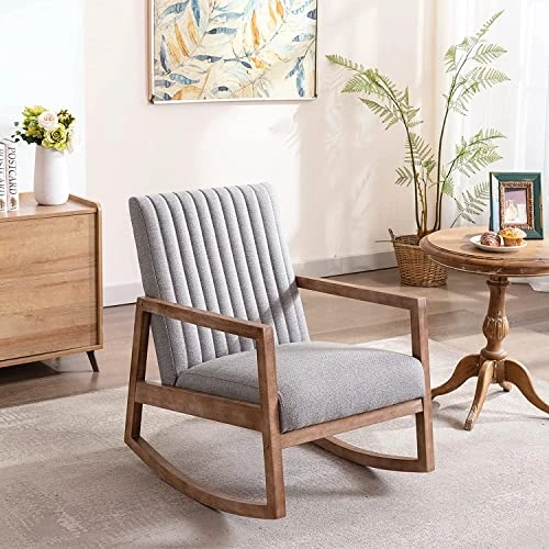 RIVOVA Modern Fabric Accent Rocking Chair, Upholstered Nursery Glider Rocker, Mid Century Lounge Arm Chair For Reading Living Room Bedroom Office, Grey - Image 2