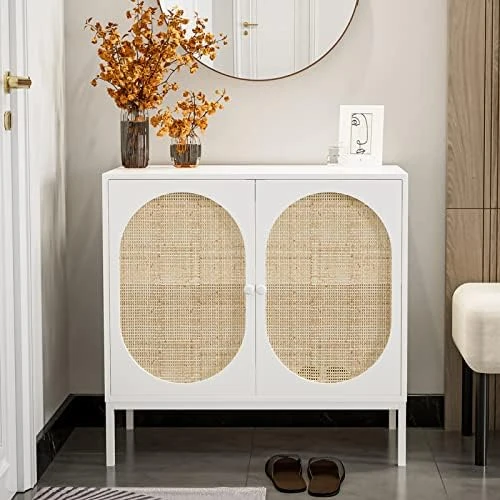 IKIFLY Set Of 2 Accent Storage Cabinet With Handmade Natural Rattan Doors - Rattan Sideboard Buffet Cabinet - Kitchen Cupboard Server Console Table For Dining Room, Bedroom, Hallway - Natural - Image 11