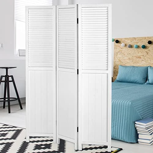 MyGift 3-Panel Vintage White Louvered Wood Folding Room Divider - Image 2