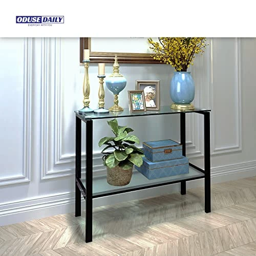 ODUSE-DAILY Glass Top Console Table For Entryway, Skinny Sofa Table, Narrow Entry Table With Black Legs, Glass Entryway Table - Image 2