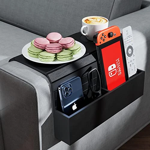 Semounva Bamboo Sofa Arm Tray With Pockets, Foldable Armrest Tray For Snack, Drinks, Phone, TV Remote, Flexible Couch Armrest Table Gift For Friends And Family (Black)