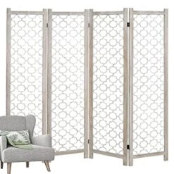 ECOMEX 4 Panel Cutout Room Divider 5.6Ft Wood Room Dividers And Folding Screens Carved Room Dividers Screen For Bedroom Office Restaurant, White