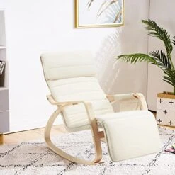 JOMEED Rocking Chair, Rocking Armchair With Fabric Padded Seat,Wooden Based, Adjustable Footrest For Living Room, Bedroom, Balcony, Nursery Room