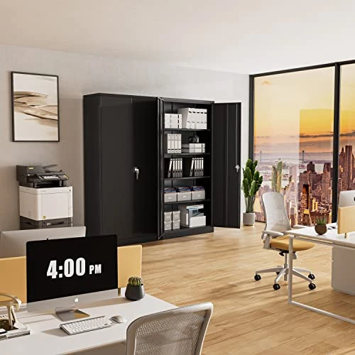 Greenvelly Locking Metal Cabinet With 2 Doors, Tall Steel Storage Cabinet With 4 Adjustable Shelves,72β Lockable Metal Welded Storage Cabinet Lock For Office, Garage, Kitchen,Laundry Room (Black)