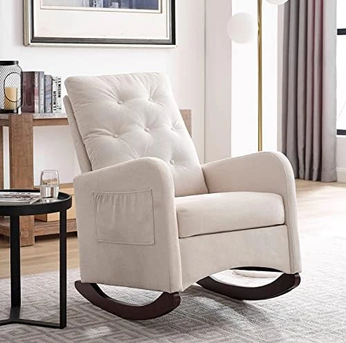 Obuvar Upholstered Rocking Chair For Nursery, Accent Glider Rocker With Two Pockets, Comfy Armchair With Tall Backrest And Double Layer Cushion, Baby Nursery Glider For Living Room, Bedroom (White) - Image 5