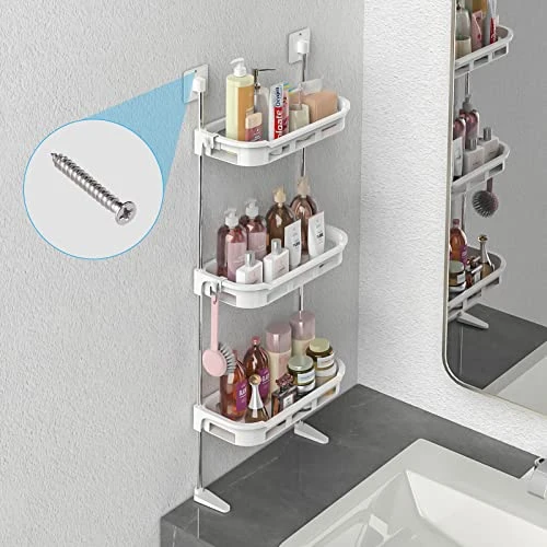 NiHome 3-Tier Over The Toilet Bathroom Organizer With Hooks, Wall Mount Space Saver Toilet Storage Rack - Easy Assembly, No Drilling Required (White) - Image 5