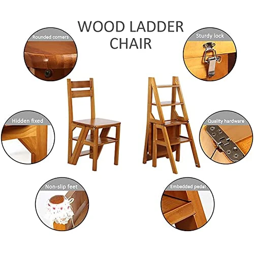 Wooden Folding Library Ladder Chair,Step Ladders,Foldable Chair Counter Chair Step Stool For Adults,Retro Step Stool Chair For Kitchen,2 In 1 Ladder Chair Storage Shelf For Indoor Outoor - Image 4