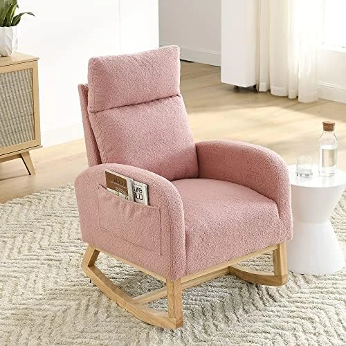 Krinana Nursery Rocking Chair With Solid Wood Legs, Glider Chair For Nursery With Two Side Pockets, Rocker Armchair For Living Room Bedroom (Beige, Linen Fabric) - Image 11