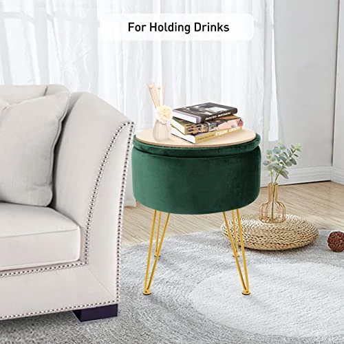 ECOMEX Velvet Round Ottoman With Storage, Metal Legs, Coffee Table Tray Cover Footstool Makeup Vanity Stool Modern Furniture For Living Room Bedroom, Green - Image 4
