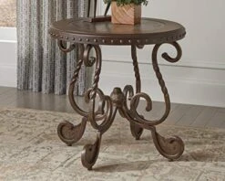 Signature Design By Ashley Rafferty Ornate Round End Table With Decorative Metal Detail, Dark Brown