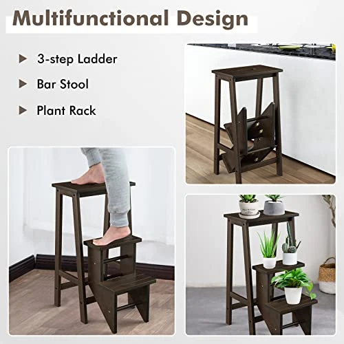 Giantex 3 Tier Folding Step Ladder, Multifunction 3-in-1 Wood Step Stool, Display Ladder And Storage Shelf For Library, Home Kitchen, Household Work, Brown - Image 3
