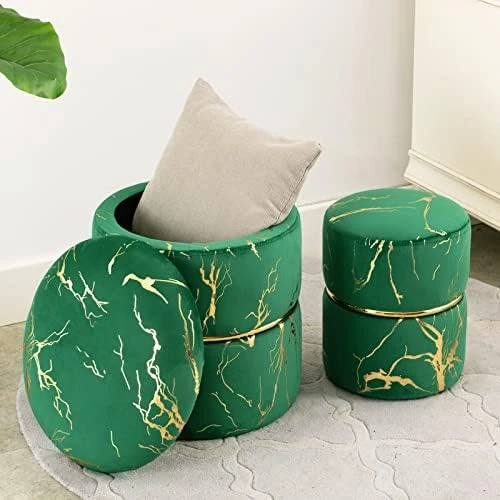 Furnimart Round Bronzing Velvet Storage Ottoman,Vanity Stool Chair,Upholstered Foot Rest Stool With Gold Plating Band For Living Room Or Bedroom,Pack Of 2 - Image 6