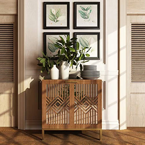 LONYKE Mid Century Modern Dresser, 2 Door Accent Cabinet Woven With Mirror Fronts Clean-Lined Silhouette, Natural - Image 2