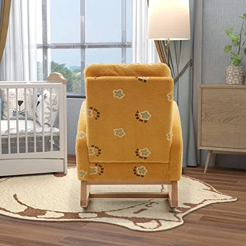 Goujxcy Modern Rocking Chair For Nursery, Mid Century Accent Rocker Armchair With Side Pocket, Upholstered High Back Wooden Rocking Chair For Living Room Baby Room Bedroom (Yellow) - Image 4