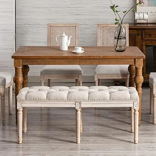 Chairus Fabric Upholstered Entryway Ottoman Bench - Classic Bedroom Bench With Rustic Wood Legs - Beige - Image 9