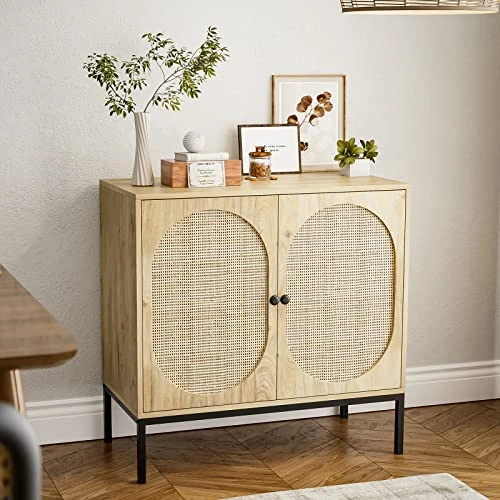 IKIFLY Set Of 2 Accent Storage Cabinet With Handmade Natural Rattan Doors - Rattan Sideboard Buffet Cabinet - Kitchen Cupboard Server Console Table For Dining Room, Bedroom, Hallway - Natural - Image 2