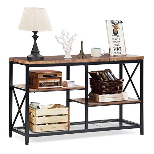 EdMaxwell Rustic Console Table, Industrial Sofa Table For Entryway, Hallway, Living Room, Behind The Couch, 51 Inch Long Table, 3-Tier X Design Wall Table With Storage