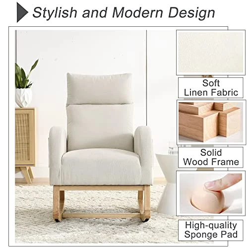 Krinana Nursery Rocking Chair With Solid Wood Legs, Glider Chair For Nursery With Two Side Pockets, Rocker Armchair For Living Room Bedroom (Beige, Linen Fabric) - Image 3