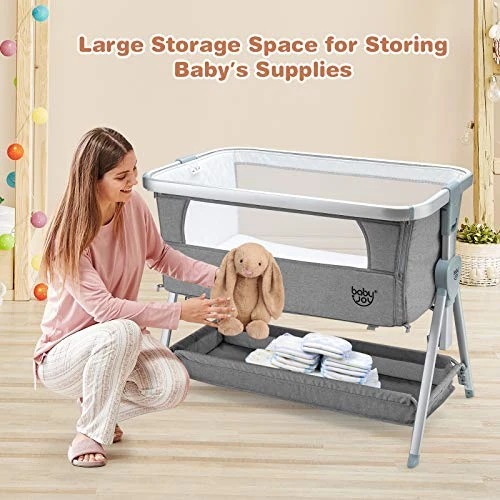 BABY JOY Bedside Bassinet, Portable Baby Crib W/Mattress, Two-Side Breathable Mesh, 7 Height Adjustable, Large Storage, Wheels For Easy Movement, Crib For Newborn Infant, Bassinet For Baby, Grey - Image 3