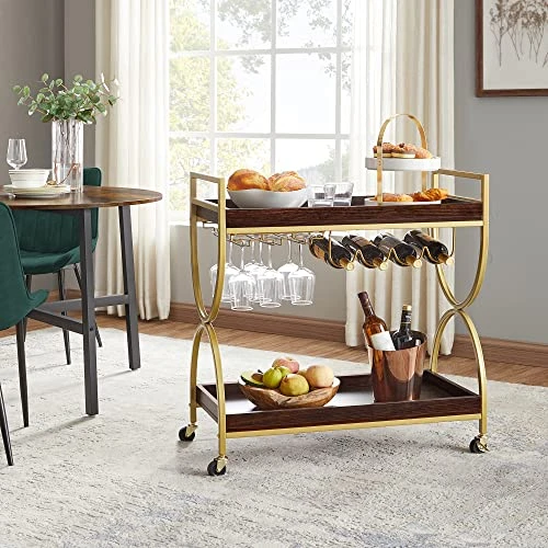 VASAGLE Bar Cart Gold, Home Bar Serving Cart, Kitchen Serving Cart With Wine Holders, Glass Holders, Wine Cart, Gold And Cherrywood Color ULRC089A24 - Image 4