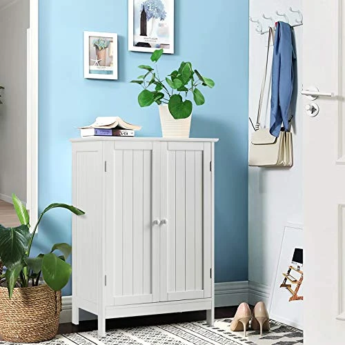 Tangkula Bathroom Floor Cabinet, Freestanding Storage Cabinet With Double Doors And Shelf, Modern Home Furniture, Wooden Home Organizer For Living Room, Bathroom Storage Cabinet, White - Image 3