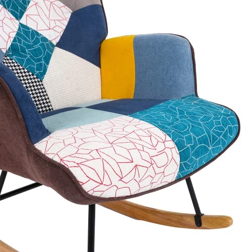 BOMENG Multicolor Puzzle Rocking Chair, Tufted Upholstered Rocking Chair For Lounge, Comfy Wingback Glider Rocker With Safe Solid Wood Base For Living Room Bedroom Balcony - Image 6