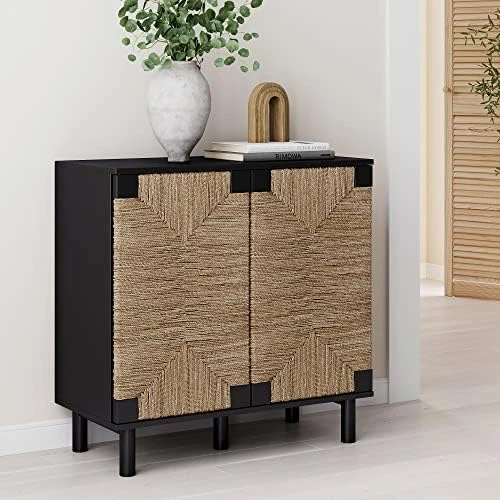 Nathan James Kova Accent Natural Storage Cabinet Sideboard Wood And Rattan With Matte Metal Frame, Adjustable Interior Shelves And Cane Doors, For Hallway, Entryway Or Living Room, Light Oak/Black - Image 3
